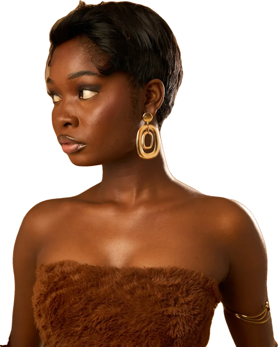 Model with a professionally installed pixie wig